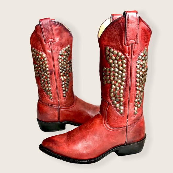 Frye Shoes - RARE Frye Billy Hammered Stud Red Leather Western/Southern Cowboy Riding Boots